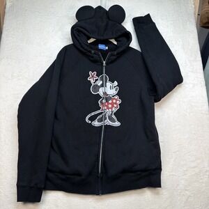 Tokyo Disney Resort Minnie Mouse Ear Hoodie Black Zip Fleece Womens Large